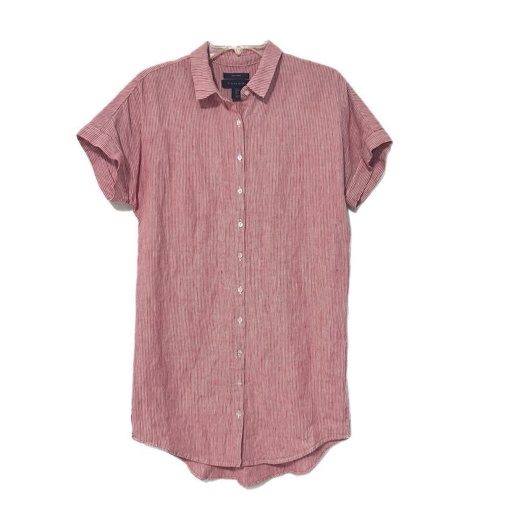Tahari 100% Linen Button Front Shirt Dress S Red Stripes Short Sleeve Coastal